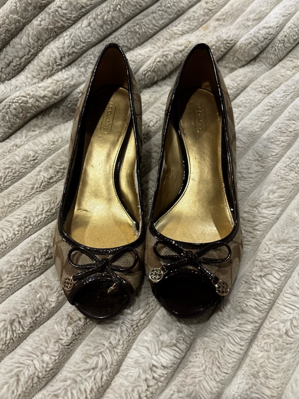 Coach Brown Signature Peep-Toe Ballet Flats with Gold Insole